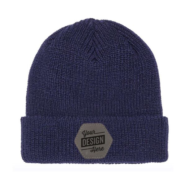 Flexfit Ribbed Cuff Knit Beanie & Leather Patch Bundle - Your Logo Thumbnail