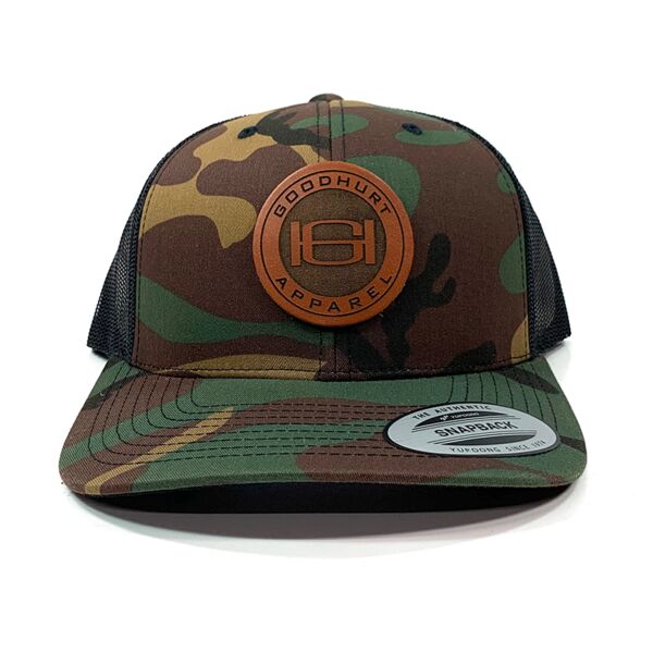 Flexfit Retro Yupoong Camo Trucker Hat & Leather Patch Bundle - Laser Engraved - Your Logo Thumbnail